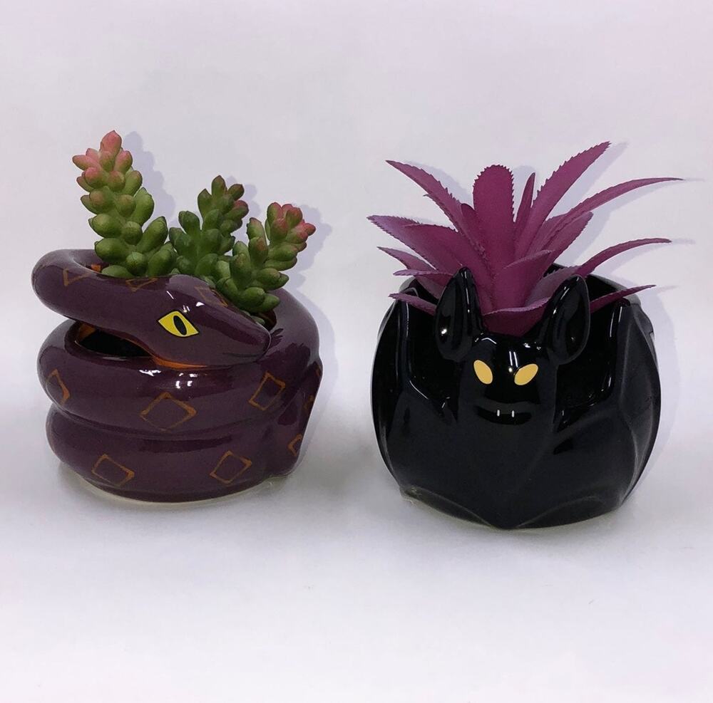 2 Target Hyde & Eek 2020 Purple Snake & Black Bat Faux Plant Succulent Planters